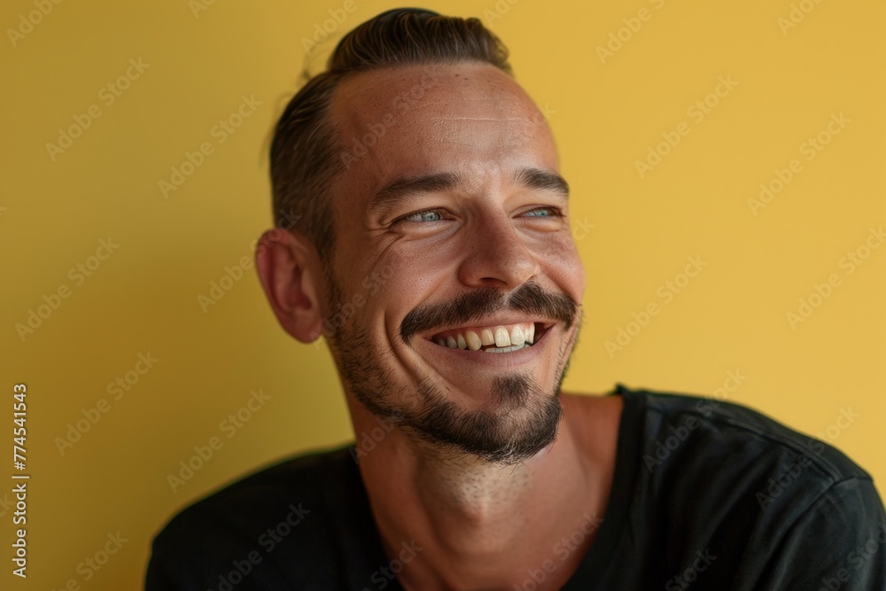 Portrait of a handsome young man laughing against a yellow background. Portrait of a handsome young man laughing against a yellow background.
