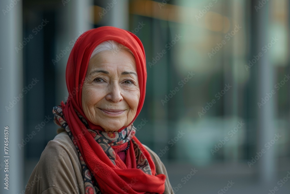 A woman wearing a red scarf and a red head scarf is smiling A woman wearing a red scarf and a red head scarf is smiling