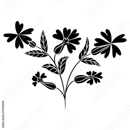 Stylized flower. Wildflower plant branch. Siléne vulgáris. Vintage style. Black and white silhouette.
