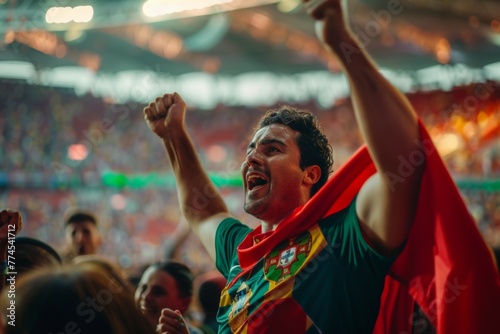 A man is holding up his arms and wearing a red and green shirt. Football fan at the championship