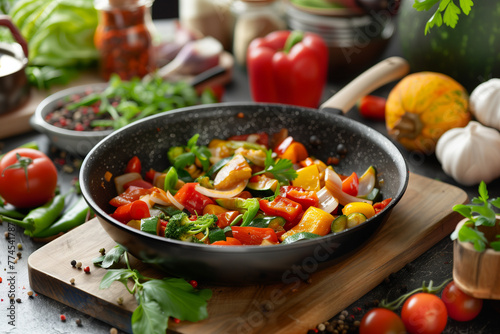 A pan full of colorful stir-fried vegetables is placed on a wooden cutting board amidst a variety of fresh produce and spices on a well-lit kitchen counter
