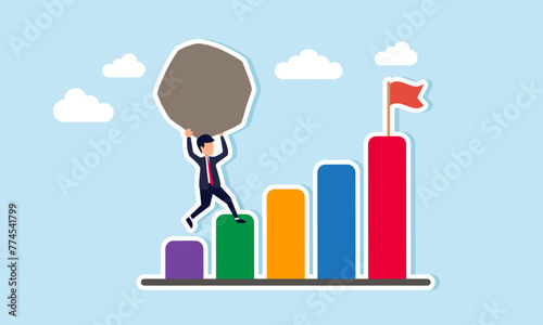 Heavy burden or obstacle, effort to overcome challenge, striving for success, concept of Tired businessman lifts heavy boulder to reach success