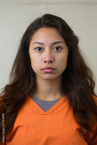Mugshot of young Native American female prisoner in orange jumpsuit