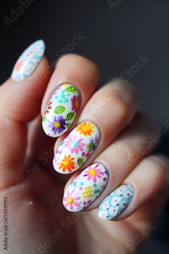 nail art with spring flowers, white nails, printed nail design, cute, soft lighting, spring festival, floral, manicure 