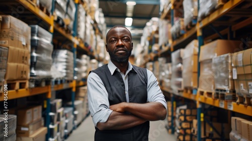 Portrait of African American worker in warehouse, International export business concept wide angle lens photorealistic bright lighting