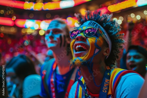 Man with blue shirt and yellow face paint is smiling and wearing sunglasses. Football fans at the football championship photo