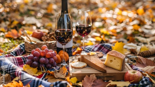 A scene of two glasses of wine and cheese arranged on a blanket, ready for an autumn picnic