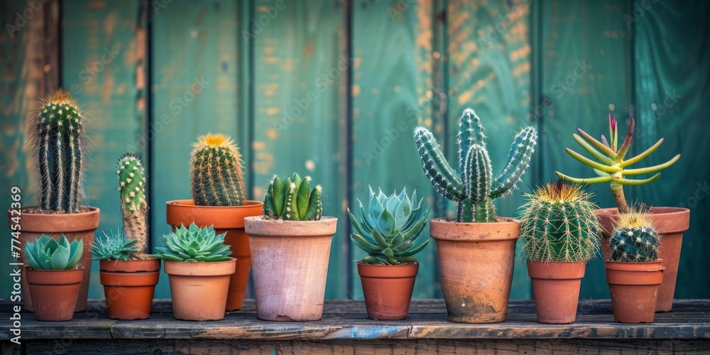 Several cacti and succulents are arranged neatly in pots along a wooden table