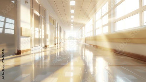 A long hallway in a hospital filled with natural light streaming through numerous windows