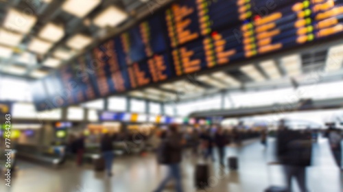 A busy crowd of people walking through an airport, captured in a blurred motion