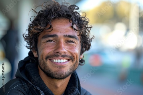 A man with curly hair and a beard is smiling and looking at the camera. Football fans traveling to the championship