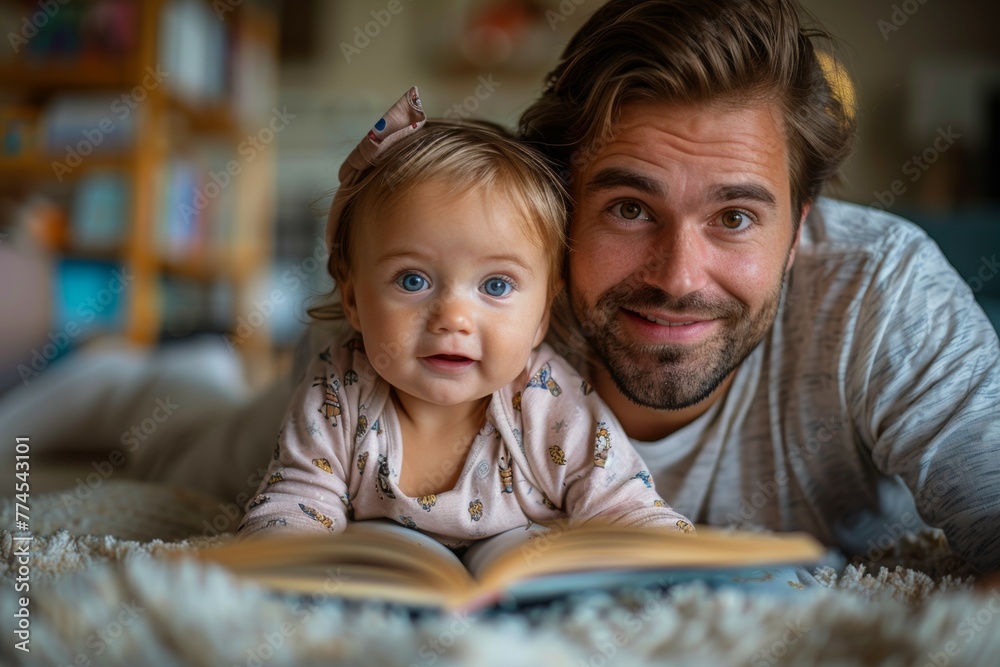 A man and a baby are laying on a bed with a book open in front of them A man and a baby are laying on a bed with a book open in front of them