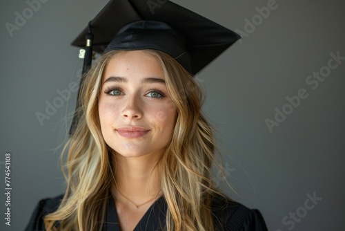 A woman wearing a black graduation cap and gown