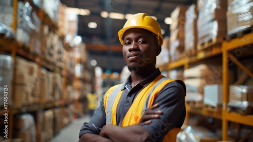Portrait of African American worker in warehouse, International export business concept wide angle lens photorealistic bright lighting © Lakkhana