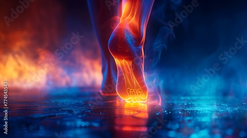 Conceptual image of joint diseases: hallux valgus, plantar fasciitis, heel spur. Depicts a woman's leg in pain, emphasizing foot health issues. photo
