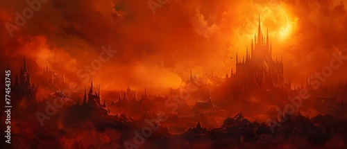 Infernal Realm: A D Art Representation of a Horrifying Landscape ruled by Demons and Monsters. Concept Dark Fantasy Art, Demonic Creatures, Hellish Landscapes photo