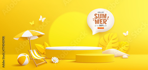 Summer yellow podium sale, beach umbrella and beach reclining chair, pile of sand, tropical leaf, banner design on yellow background. EPS 10 Vector illustration
