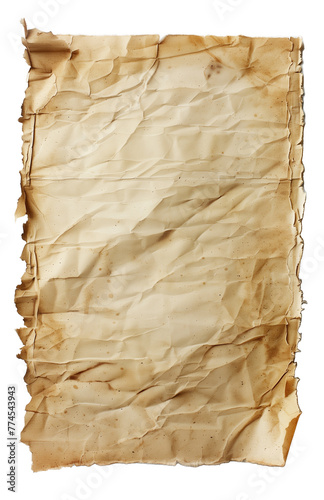 Old, vintage papers for writing notes, with mild stains, sharp focus, frayed, beige, on a transparent background, no creases, mildly torn edges, isolated