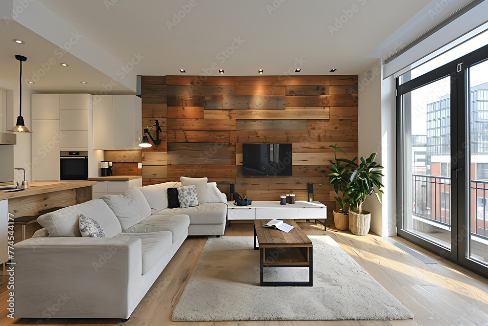 Fototapeta premium Stylish contemporary design of modern apartment in Scandinavian style white and wood colors 