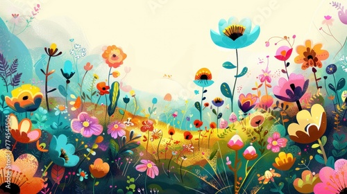 Illustration of a vibrant, colorful meadow with a variety of stylized flowers and plants, evoking a whimsical, enchanting atmosphere. © kittikunfoto