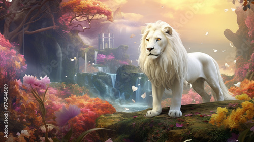 white LION on the fantasy enchanted forest surrounded by colorful fantasy forest. Generative Ai