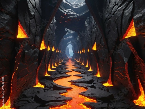 old underground fire corridor with a fire flame on the background
