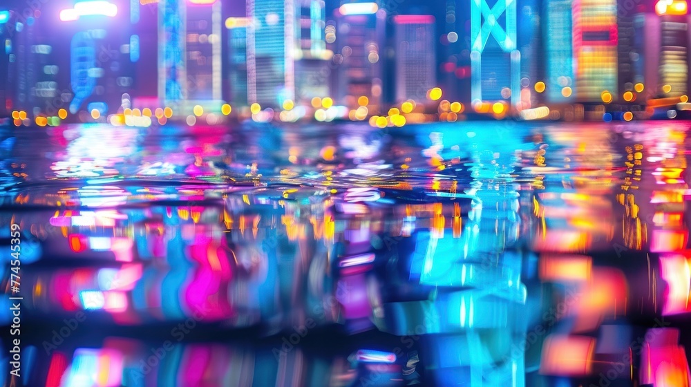 Fototapeta premium A vibrant cityscape at night reflected on water surface, showcasing a kaleidoscope of neon lights and skyscraper silhouettes.