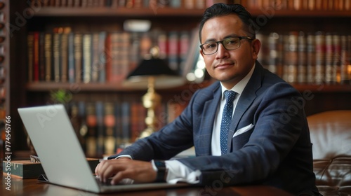 A male lawyer is smiling in the background of his office setting. 