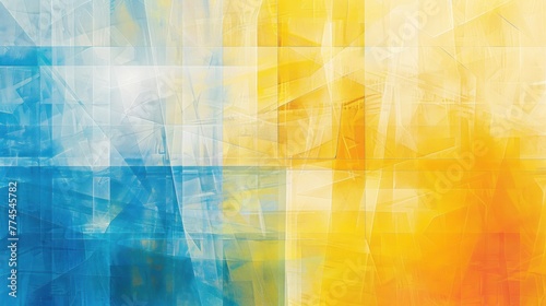 Abstract digital art with a mosaic of overlapping geometric shapes in vivid blue and yellow tones, creating a bright, dynamic pattern.