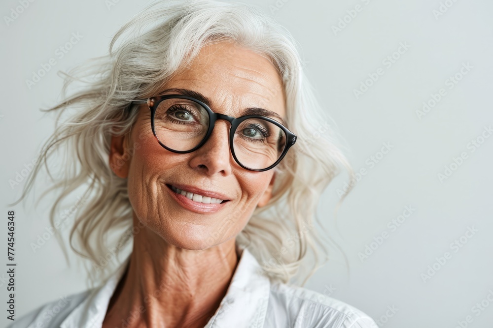 Closeup portrait of smiling senior woman with eyeglasses looking at camera