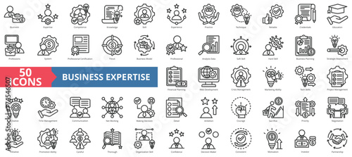 Business expertise icon collection set. Containing practice, competence, knowledge, skill, experience, practice, technique icon. Simple line vector.