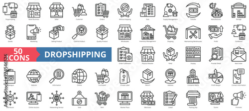 Dropshipping icon collection set. Containing retail business, seller, customer, orders, without keeping, stock, supply management icon. Simple line vector.
