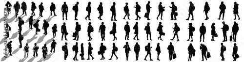 Collection of an axonometric view of  varied black silhouettes of people walking, in a style of architectural illustration, isolated in transparent background