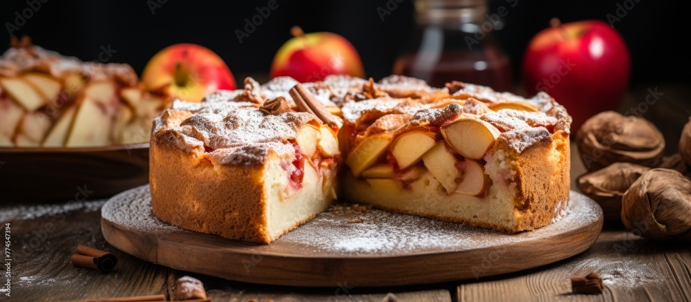 Delicious cake featuring slices of fresh apples and a sprinkle of nuts arranged on a plate