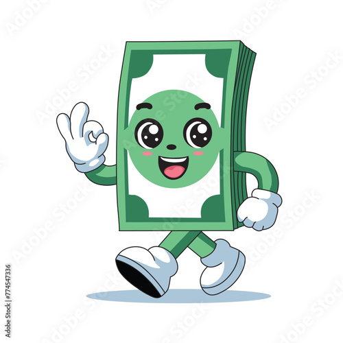 IIlustration Vector Graphic Cartoon of a Money Mascot Walking, Symbolizing Financial Success and Prosperity, Ideal for Business Designs