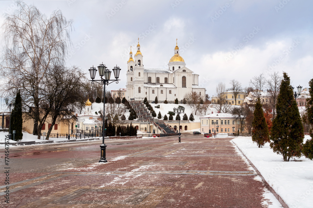 View of the Holy Spirit Monastery and the Holy Dormition Cathedral on the Assumption Mountain on a winter day from Pushkin Street, Vitebsk, Belarus