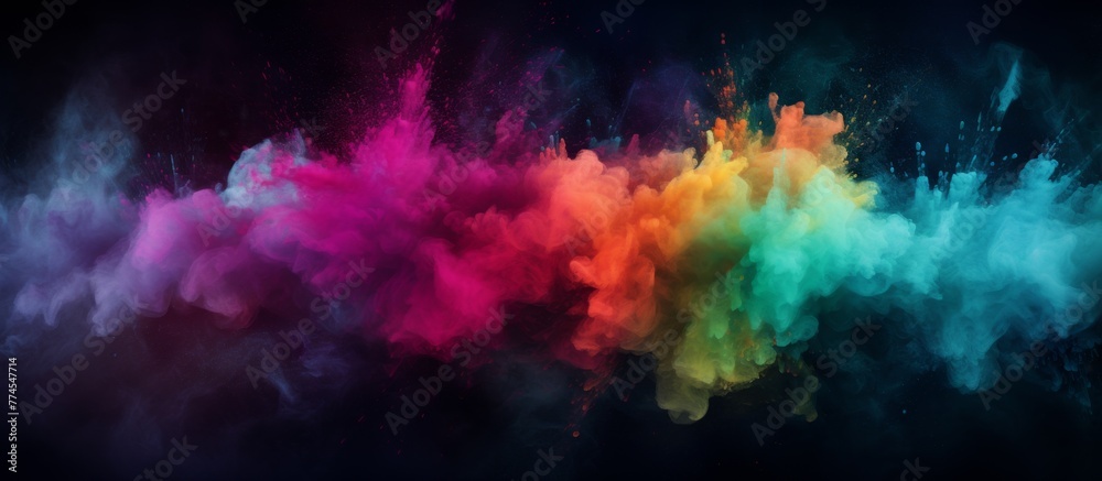Vibrant and multicolored powder cloud dispersing in the air, creating a mesmerizing display