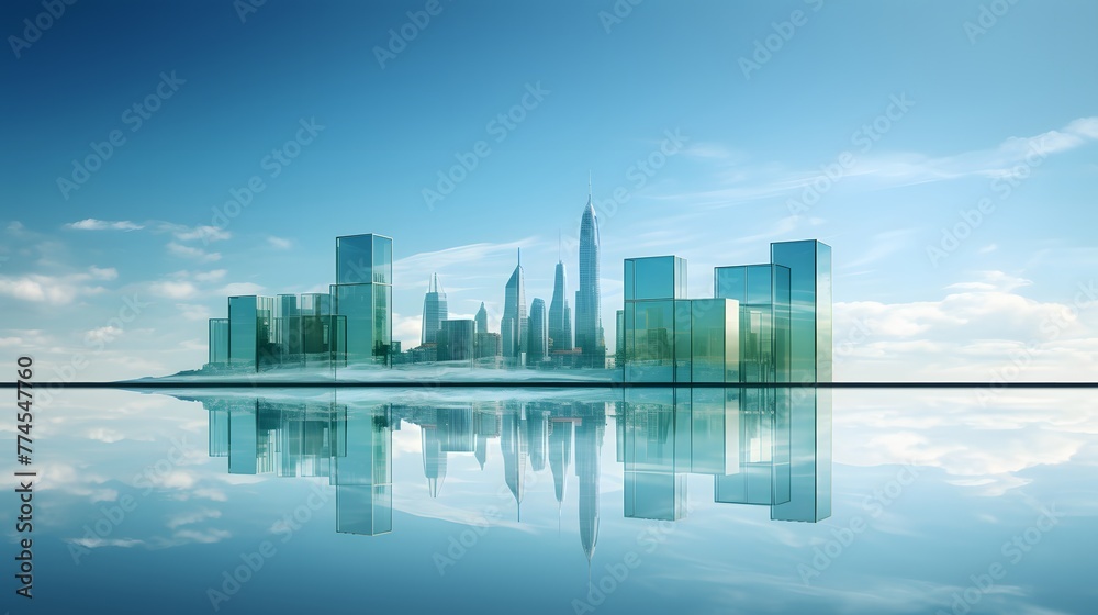 Abstract Design Background, a blue sky and green landscape, featuring three glass skyscrapers on the horizon. reflections in water. technology, innovation. For Design, Background, Cover, Poster, PPT