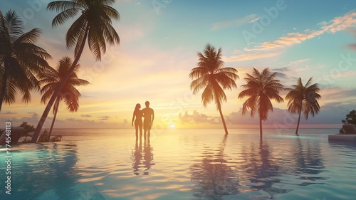 Couple at tropical resort sunset 