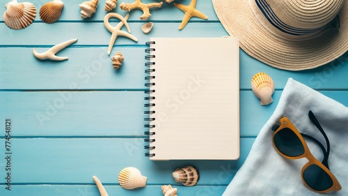 Blank writing book with summer beach accessories 