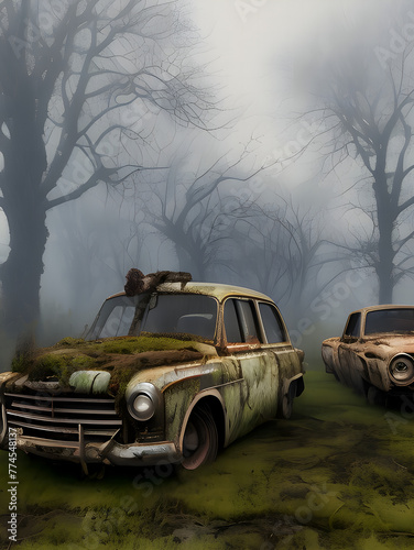 Old Vehicles In A Field Beside The Road
