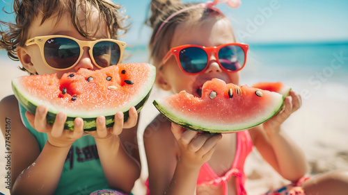 Children eating watermelon on the beach