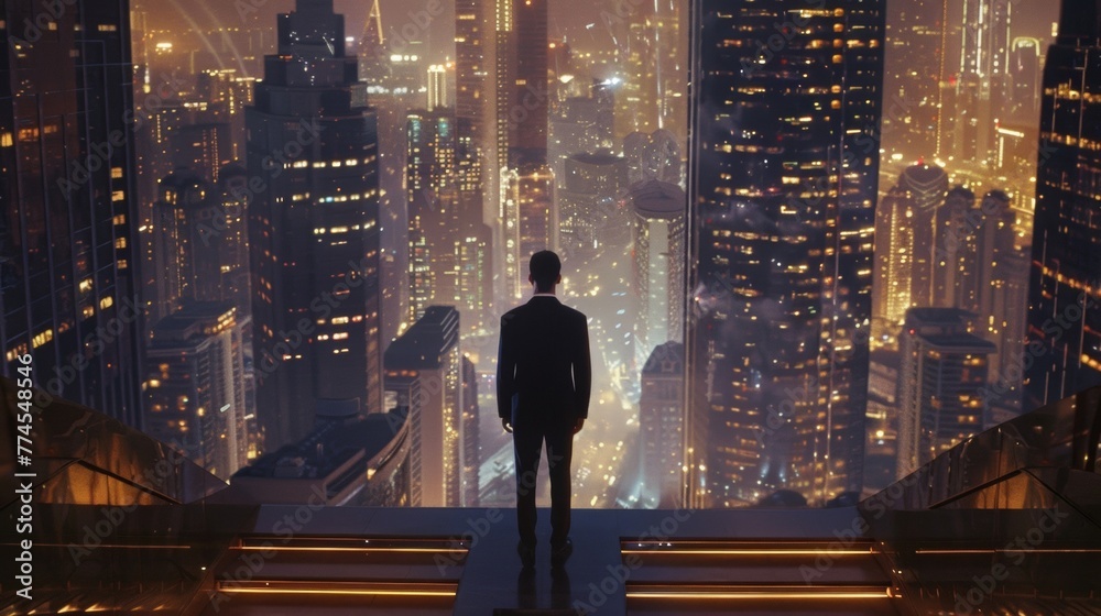A man in a suit stands at the base of a grand staircase in the lobby of his luxury highrise looking out at the vibrant city below. . . - obrazy, fototapety, plakaty 