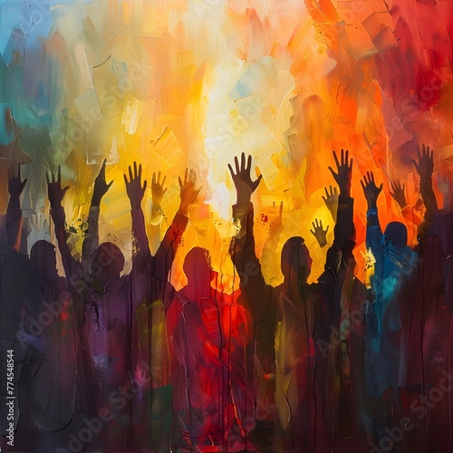 Modern style artistic image of a group of people with their arms raised as in worship 