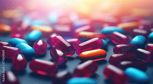 Healthcare and medical, pharmacy and medicine, antidepressant and vitamin concept. Group of 3d pills and medicine capsules flying. Close-up of painkillers in motion dynamics photo
