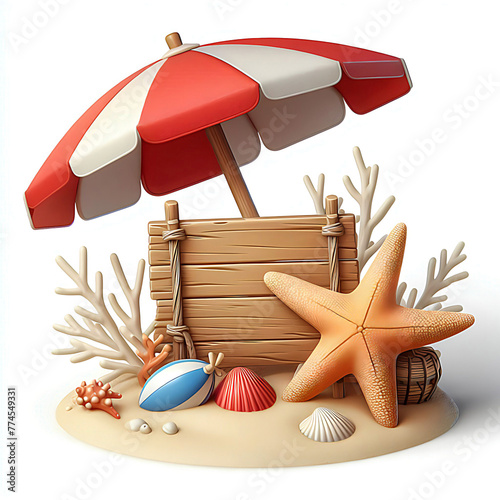 A brightly colored beach umbrella with a wooden sign and a starfish next to it
