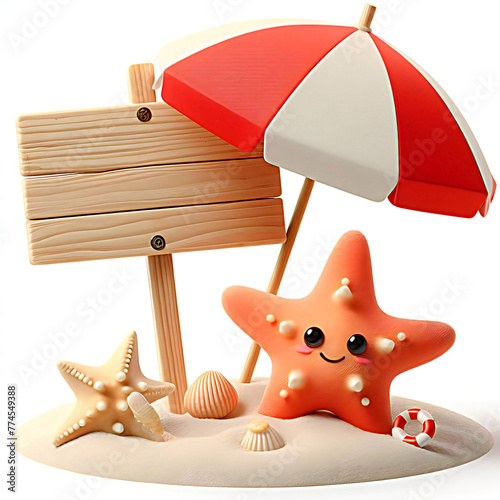 A brightly colored beach umbrella with a wooden sign and a starfish next to it
