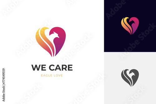 Eagle Love logo icon design with heart birds graphic symbol for animal brand care or identity branding logo template