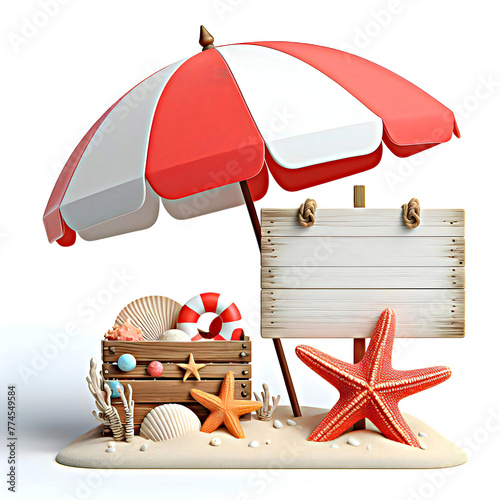 A brightly colored beach umbrella with a wooden sign and a starfish next to it
