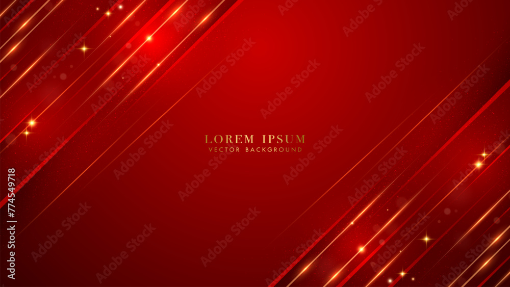 Fototapeta premium Diagonal red and golden lines with shiny dots, and glittering light effects elements
